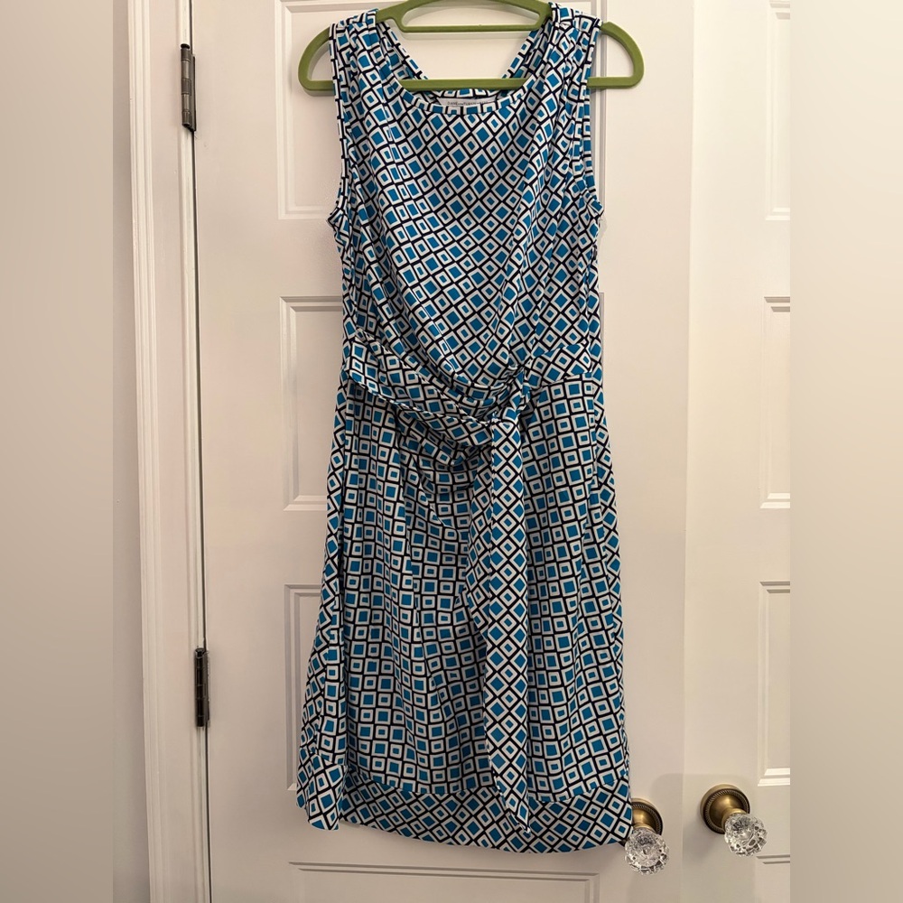 Diane Von Furstenberg Blue and White "Della" Geometric Midi Dress, size 12